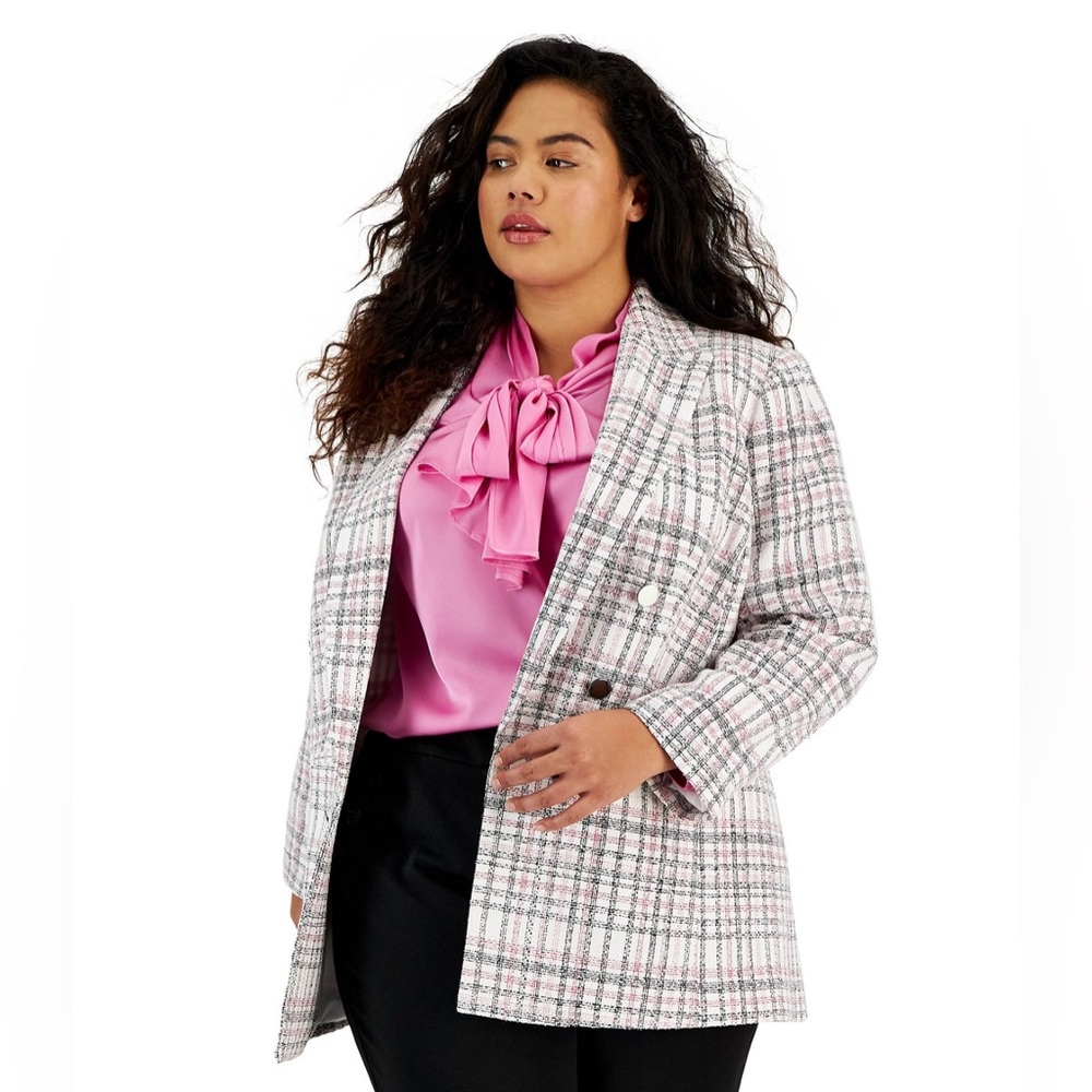 NWT BAR III Plaid Blazer in size 1X, black, pink, and white plaid